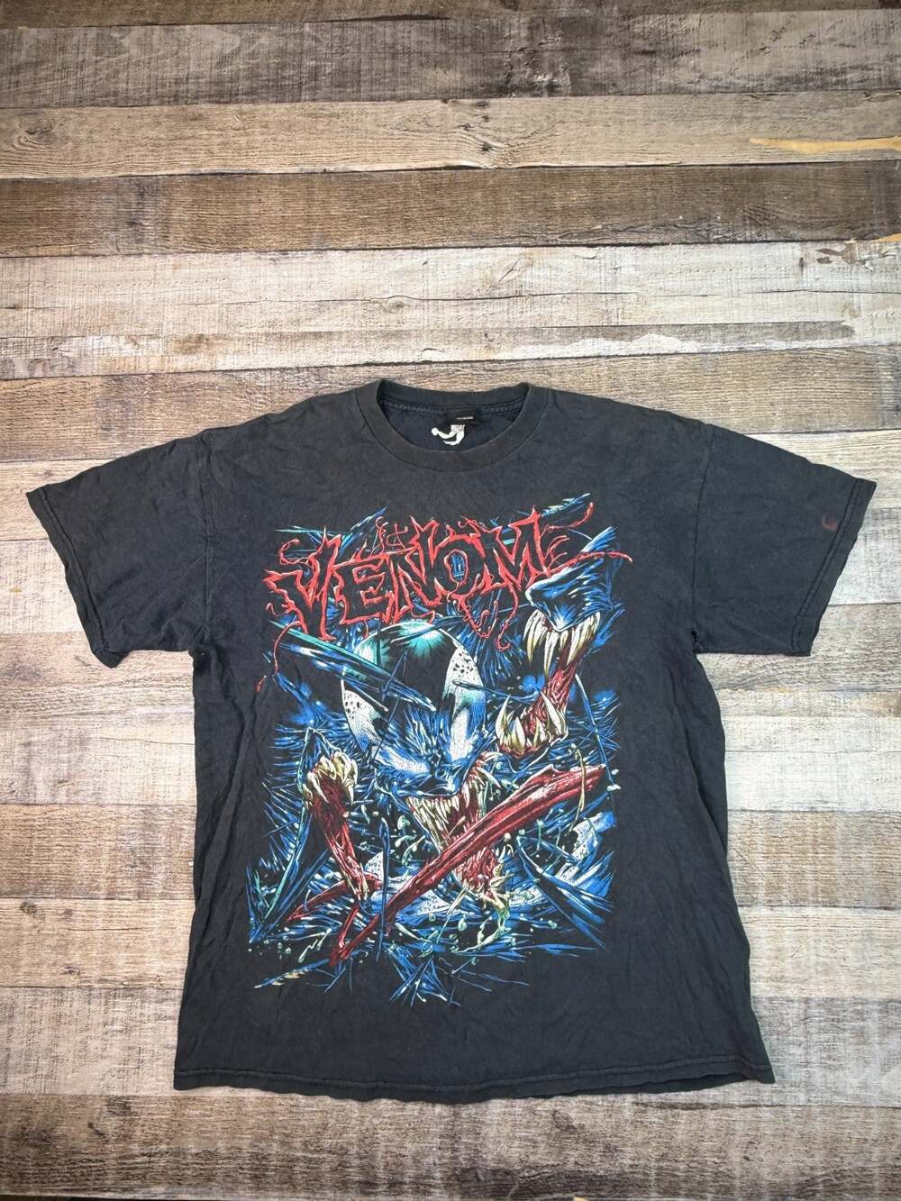 Marvel Comics Venom Spiderman Graphic Black T-Shirt Mad Engine Mens M Distressed